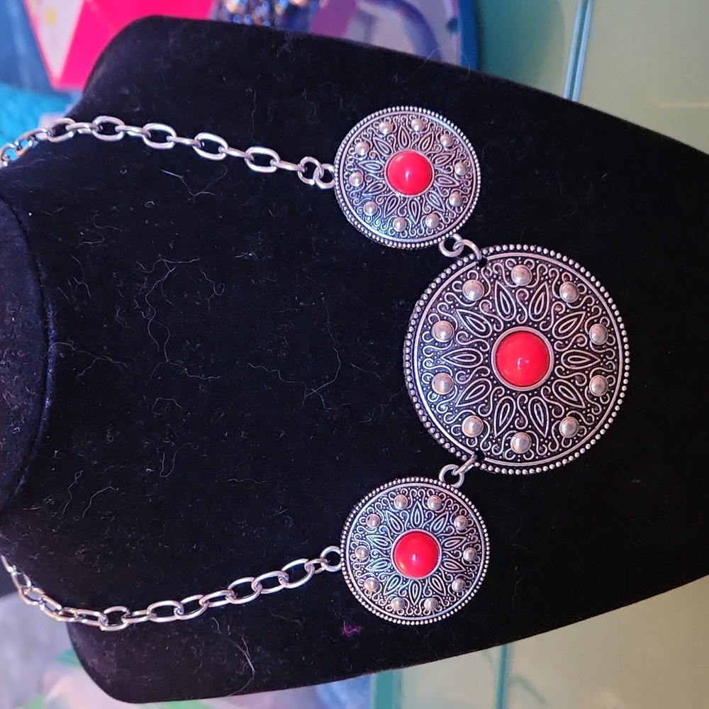 Red Beaded Filigree Necklace and Earring Set